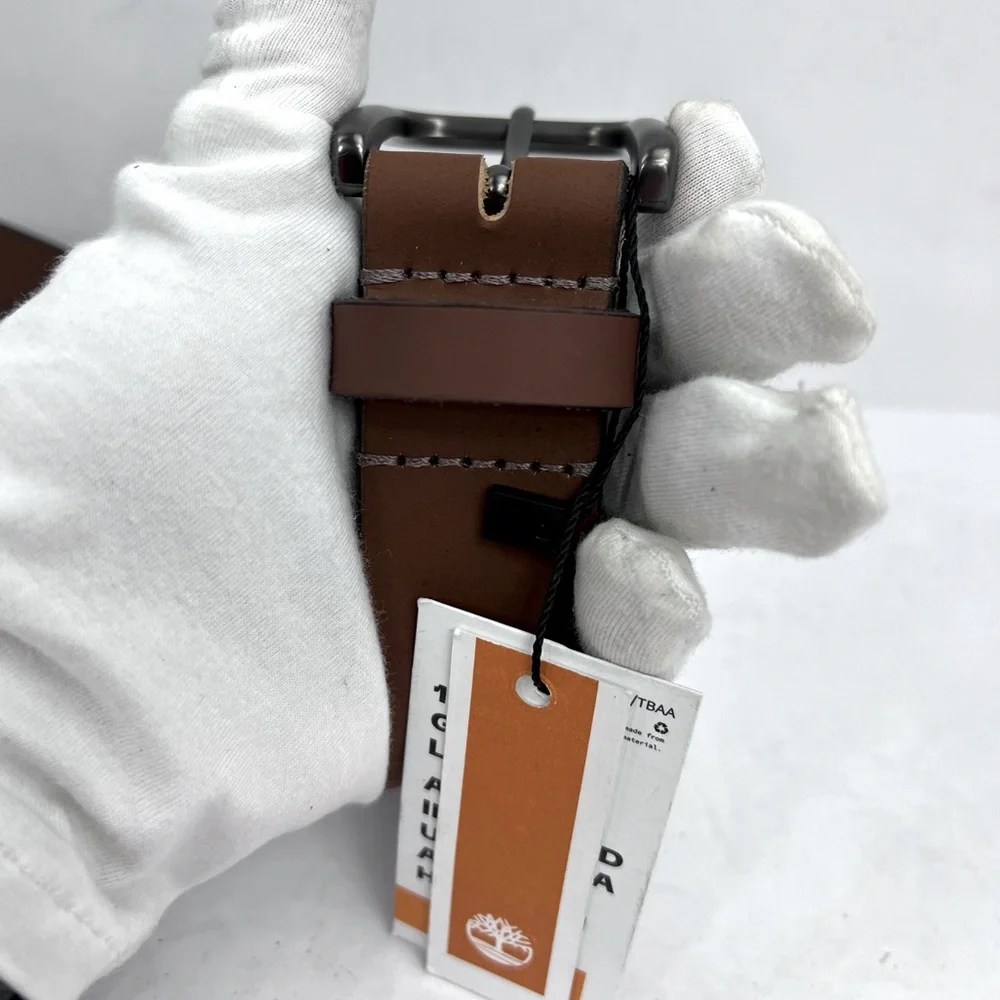 TIMBERLAND MEN’S BELT, BROWN COLOR, LEATHER WITH MAT METAL BUCKLE, SIZE XL 42/44